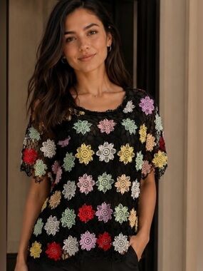 Crochet Flower Short Sleeve Tee - Black with Multicolor Flowers Size M NWOT